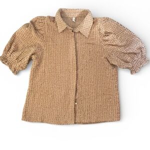 Glam Velour Textured Beige Top With Puff Sleeves